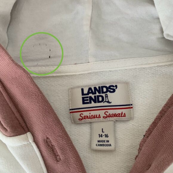 Lands End Serious Sweats Hoodie Women L 14-16 White Pink Pullover Colorblock - Picture 3 of 7